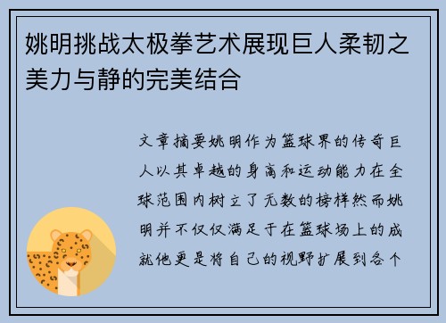姚明挑战太极拳艺术展现巨人柔韧之美力与静的完美结合